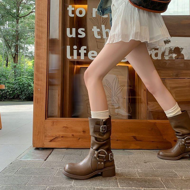 Western Cowboy Belt Buckle Pile Boots Medium Boots Tall Knight Boots Thick Heel Square Head Martin Boots