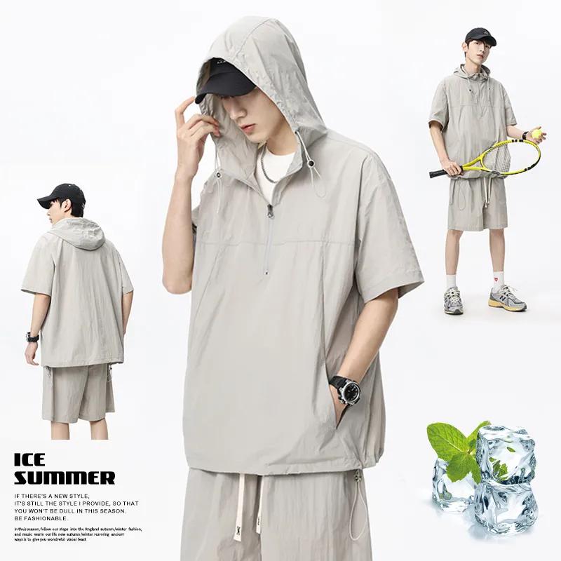 Men's Beige Half Sleeve Hoodie Shorts 2-Piece Set Loose Fit Casual Sportswear