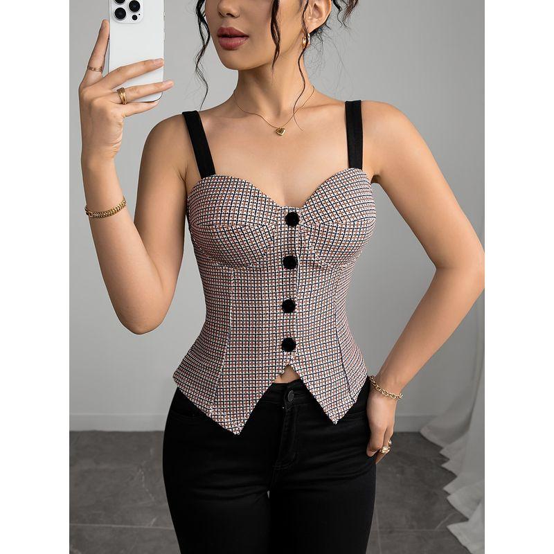 Fashion Style Retro Plaid Camisole Fashion Elegance Button French Style Silm Tops Camisole Top