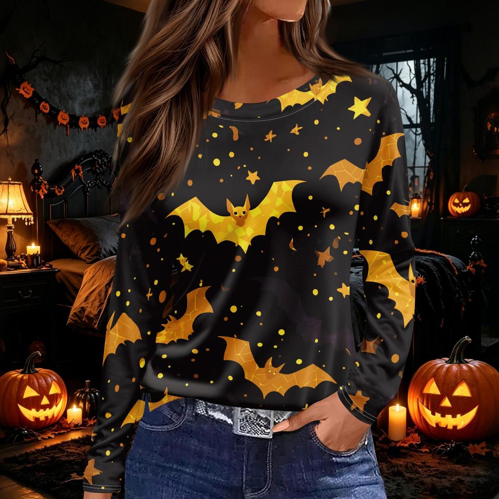 Women's Round Neck Long Sleeve Top with Halloween Print and Side Slit for Fall Festive Occasions