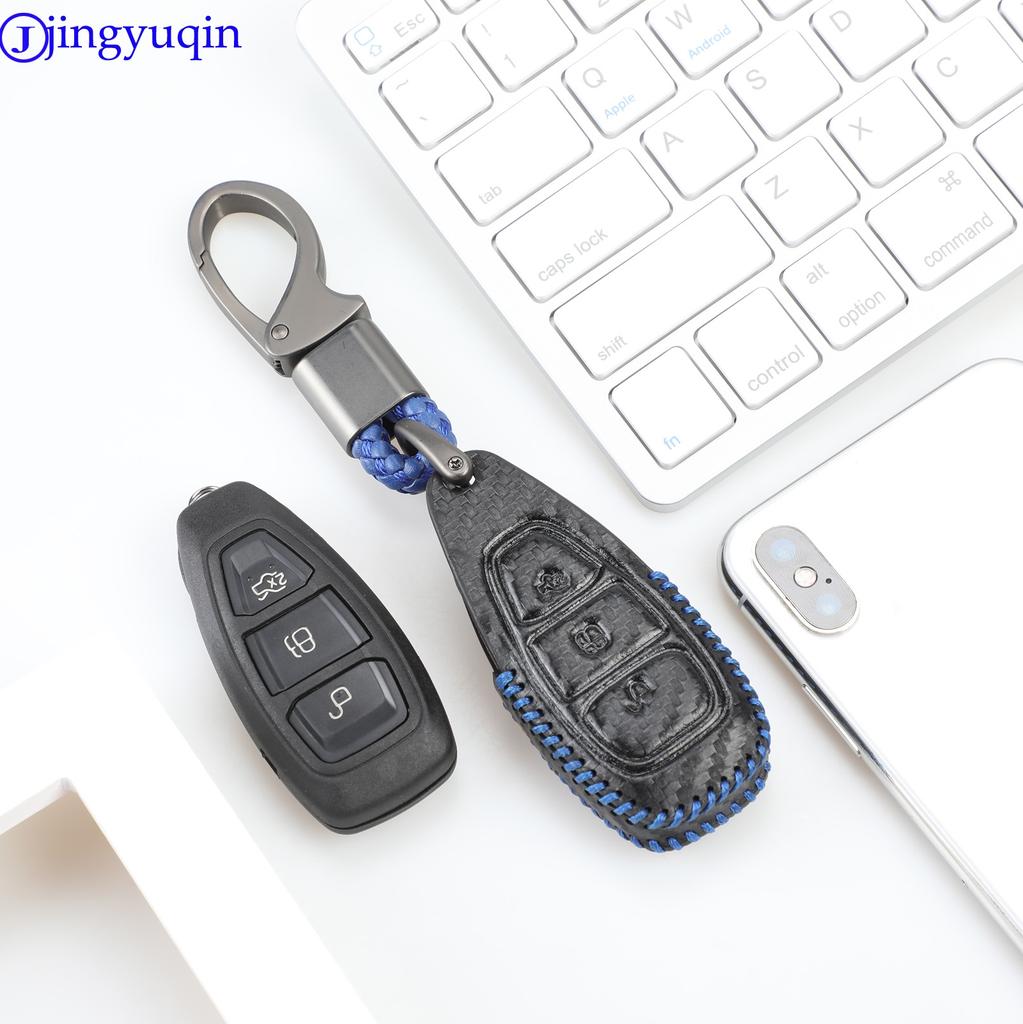 Jingyuqin Carbon Leather Car Key Case Cover for Ford Fiesta Focus Mondeo Ecosport Kuga Focus Procted Smart Key