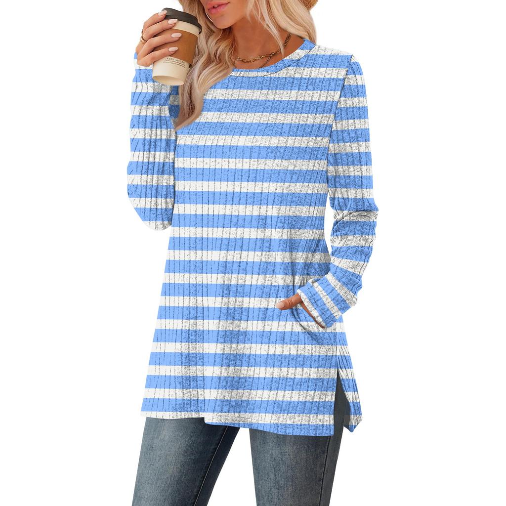 Women's Striped Printed Round-neck Long-sleeved Top With Pockets And Side Slits