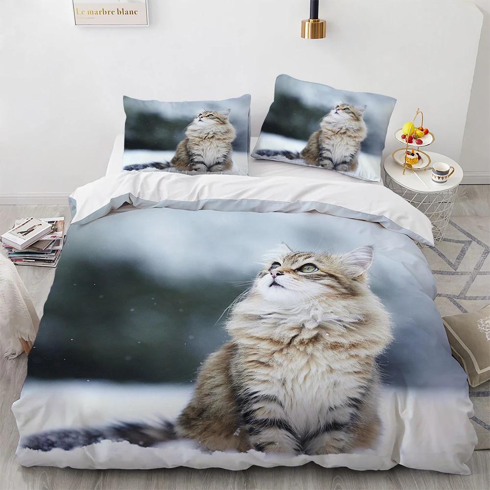 Watercolor Cat Duvet Cover King Queen Pet Kitty Bedding Set For Teens Adults Blue British Shorthair 2/3Pcs Polyester Quilt Cover