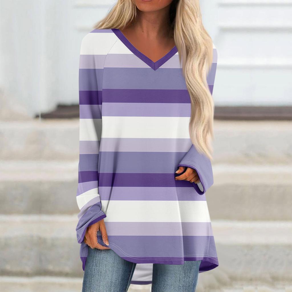 Women's  And Winter Long Sleeved V-neck Printing Casual Long Loose T-shirt Top