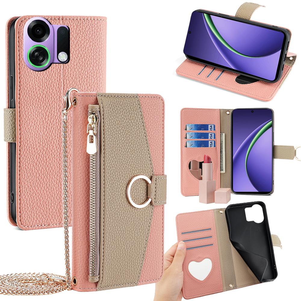 For Oppo K13 Turbo Pro 5G Case Mirror Wallet Leather Phone Cover with Chain Shoulder Strap