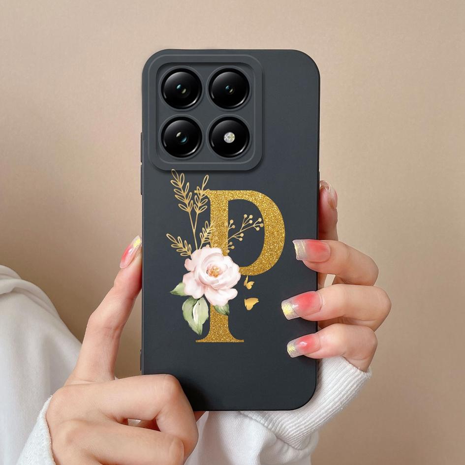 Liquid Soft Silicone Bumper For Xiaomi 14T Pro 5G 14 T Cover Pretty 26 Flower Letters Cases Anti Drop Housing Phone Shell Fundas