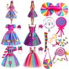 New Candy Dress For Baby Girl Purim Carnival Birthday Costume Fancy Rainbow Short Sleeve Cute Dress + Accessories Set