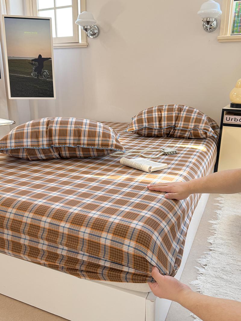 

2025 Spring Summer New All-cotton Double Yarn Single Bedding Printed Plaid Skin-friendly Mattress Cover 360 Degree Wrap 48x74cm 2 pillowcase