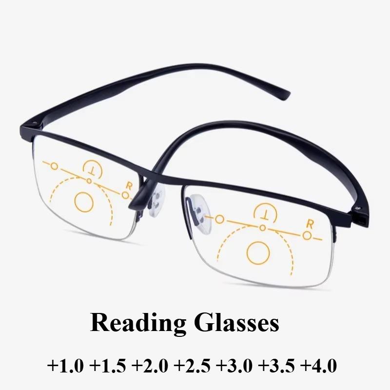 Men'S Business Semi-Frame Multi-Focus Reading Glasses Fashionable Trend Glasses Anti-Blue Light Presbyopia Glasses +1.0 To +4.0