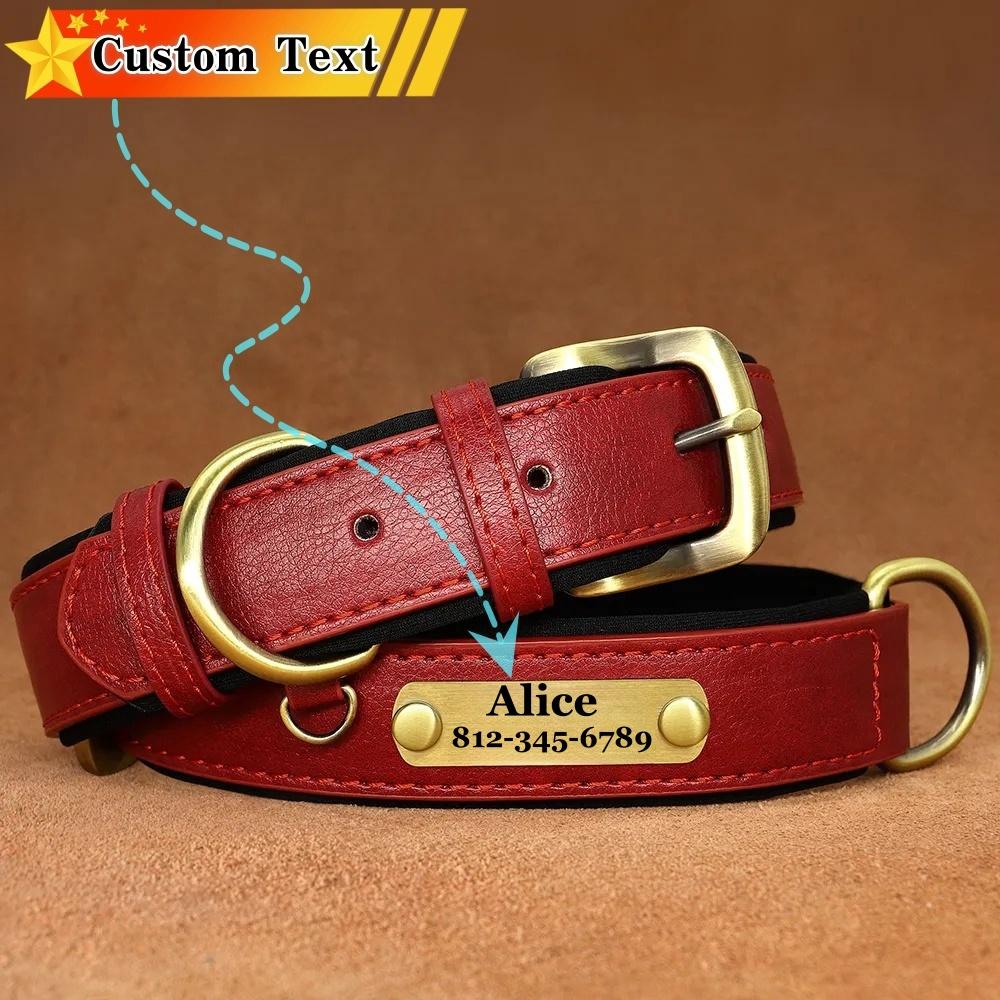 Customized ID Nameplate Dog Collar PU Leather Soft Padded Dog Collars Free Engraving Name for Small Medium Large Dogs Adjustable