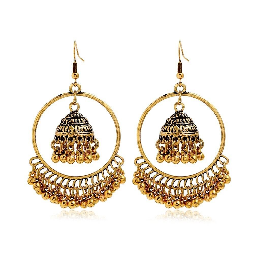 Boho Etnické Retro Starožitná Zlatá Barva Slitina Kruh Ptačí Klec Korálky Zvonky Třásně Indické Jhumka Náušnice Pro Ženy Doplňky