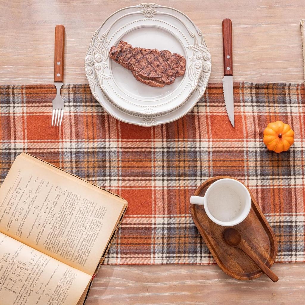 Halloween Autumn And Winter Vintage Orange-Red Plaid Table Runner Suitable For Banquet Parties, Dining Tables, And Everyday Home
