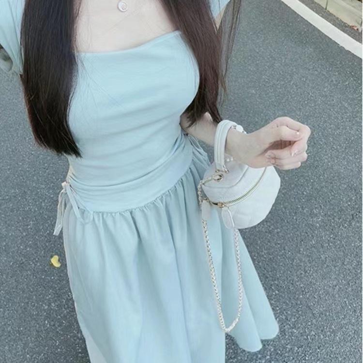 Blue Square Neck Suspender Dress Women's Summer New Splicing Skirt Feeling Waist and Thin Long Dress Women's Clothing