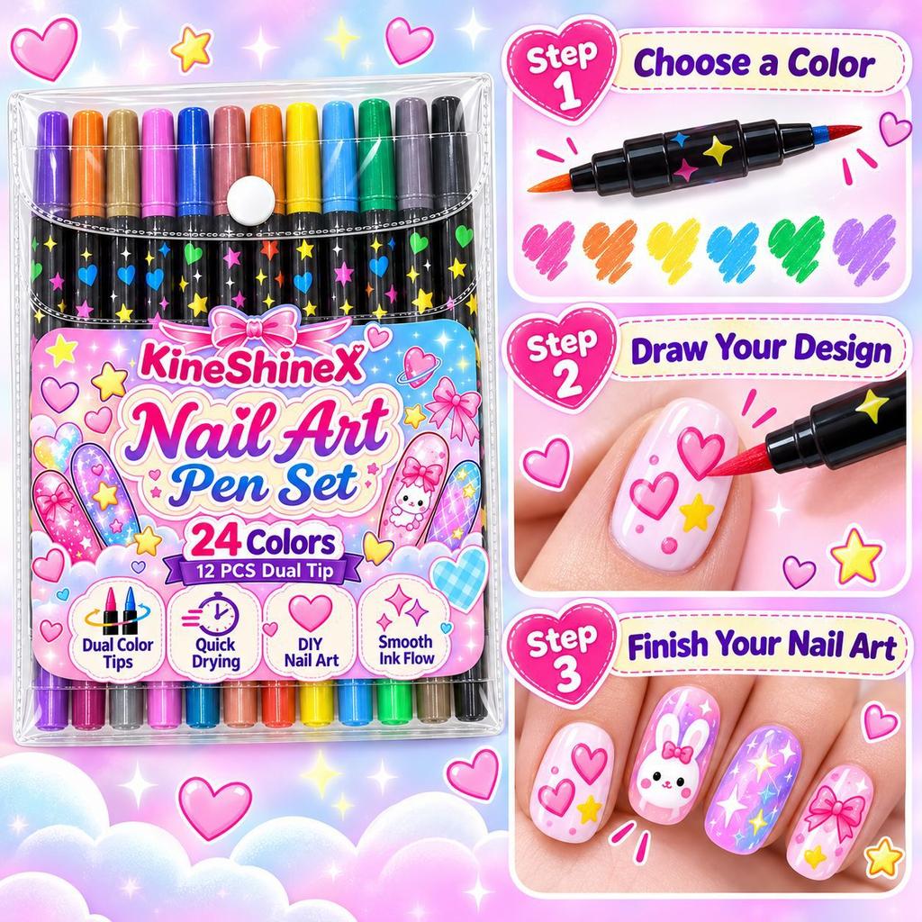 Dual Tip Nail Art Pen Set, 24 Colors Quick Drying Nail Drawing Markers for Fine Lines & Nail Details, DIY Nail Decorating for Unique Nail Looks
