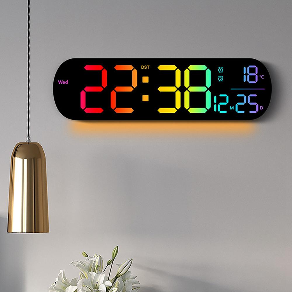 6651R RGB LED Digital Wall Clock Living Room Large Display Week Date Temperature Alarm Clock