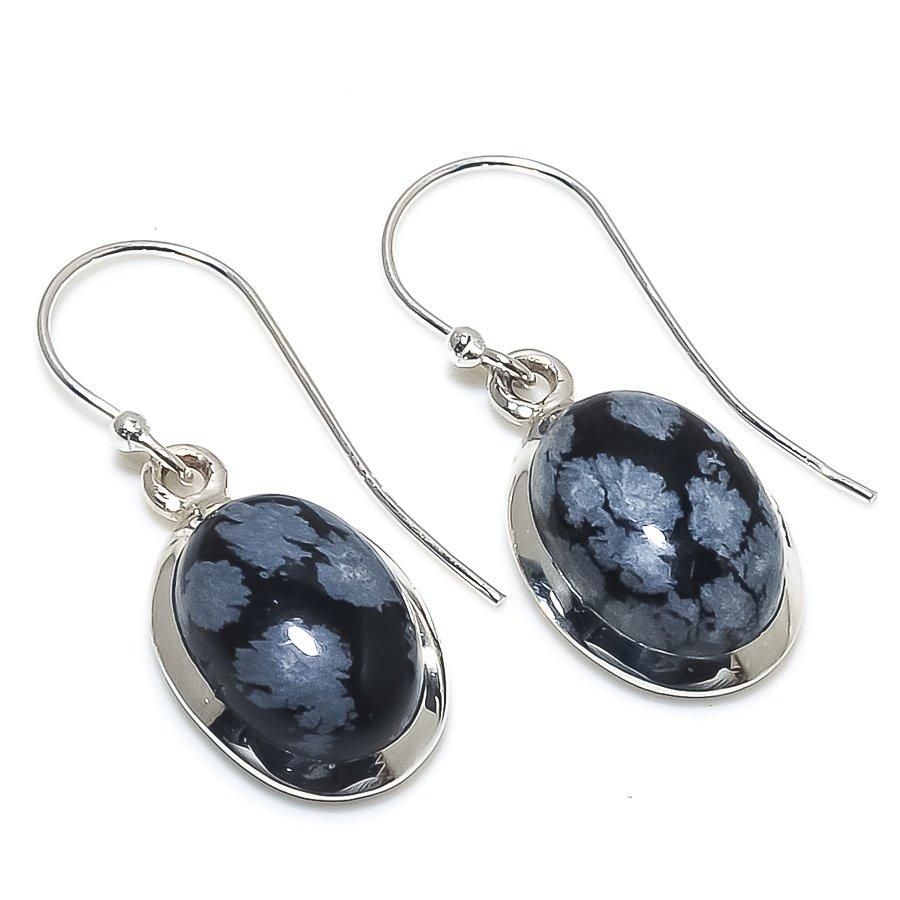 Natural Snowflake Obsidian Gemstone 925 Solid Sterling Silver Earring 1.50" F4a52