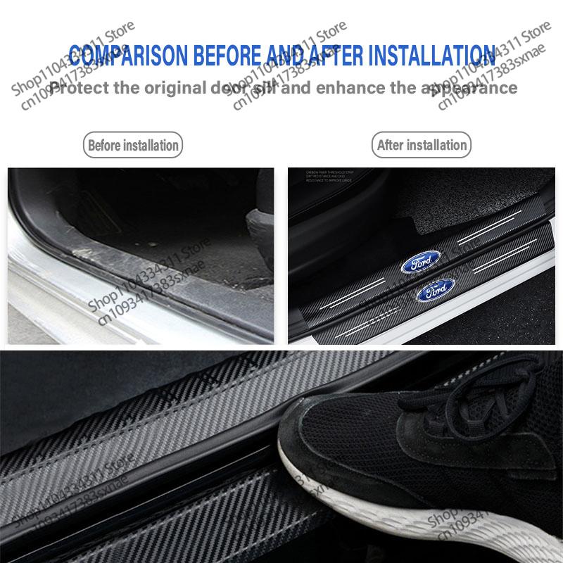 4/8Pcs Car Threshold Strip Carbon Fiber Sticker For Ford Ranger Focus Kuga Mustang Mondeo Car Door Sill Protector Accessories