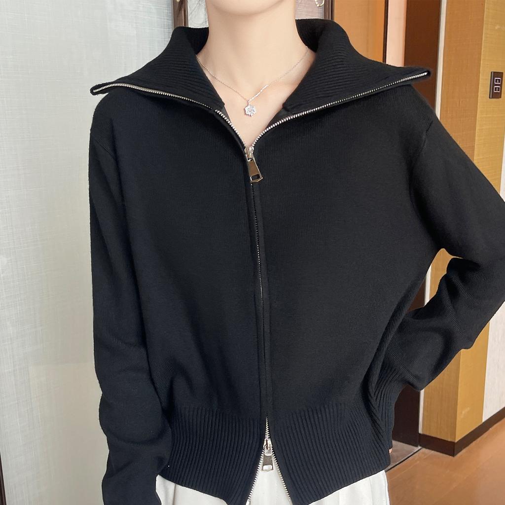 Fashionable and Elegant Double-zipper Large Lapel Sweater Coat New Autumn and Winter Women's Solid-color Knitted Cardigan