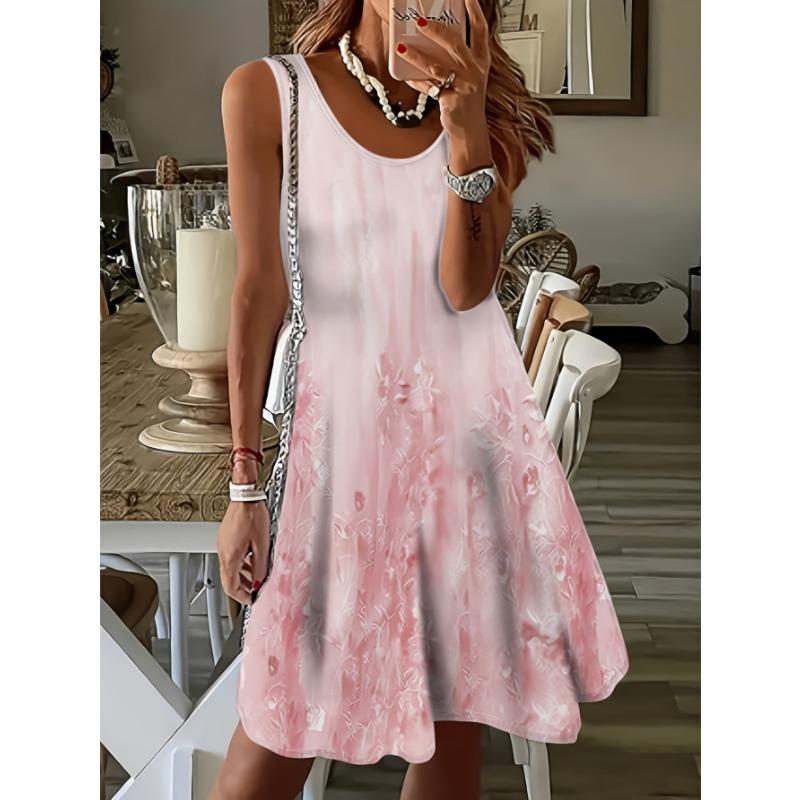 [Printed Design – Not Textured] Plus size women’s fashionable, fresh and elegant gradient plant print sleeveless casual spring and summer sundress