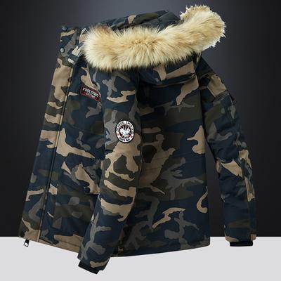 Winterjacke für Herren im Freien, lässig, mit Kapuze und abnehmbarem Pelzkragen, dicke, warme Baumwolljacke für Herren in Übergröße, Camouflage-Baumwolljacke