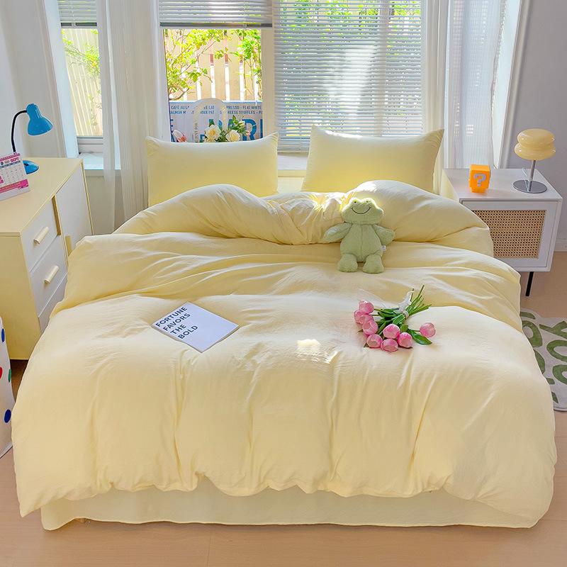 Solid Color Spliced Washed Cotton Bedding Set Moisture Absorbing Breathable Bed Sheet Envelope Pillowcase Dust Proof Mattress Protective Cover