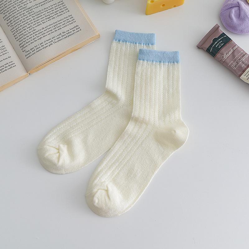 Korean Style Summer Thin Mesh Mid-Tube Cotton Socks In Pastel Colors