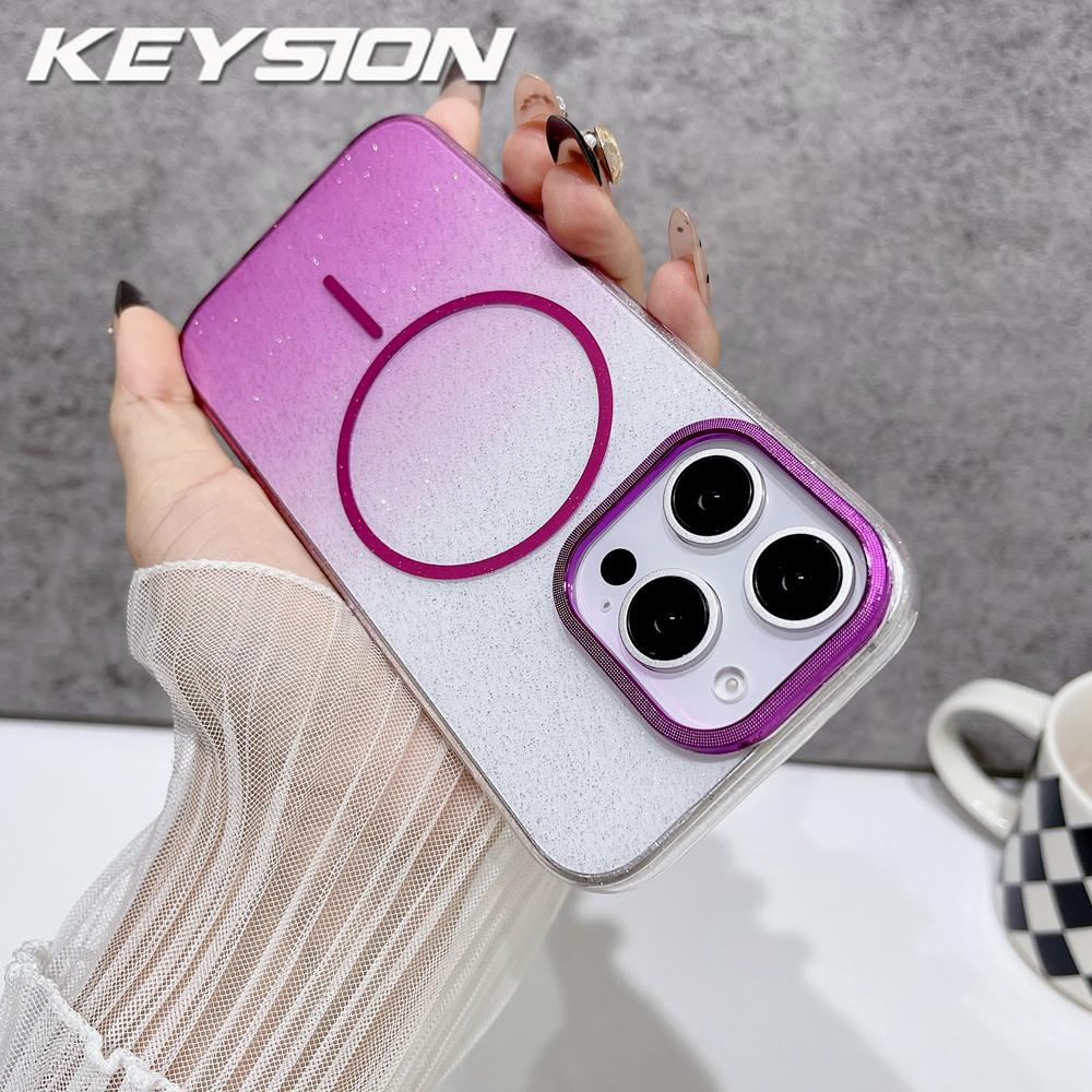 

KEYSION Luxury Gradient Glitter Magnetic Phone Case for MagSafe for iPhone 14 15 16 Pro Max 16e 16 Plus Hard PC Shockproof Cover for iPhone 14 Pro Max фиолетовый