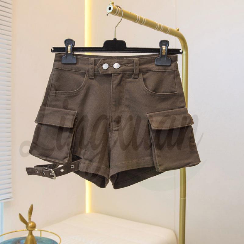 

Women s Retro High-Waisted Ripped Denim Cargo Shorts with Big Pockets, A-Line Summer Style Double Extra Large кавовий