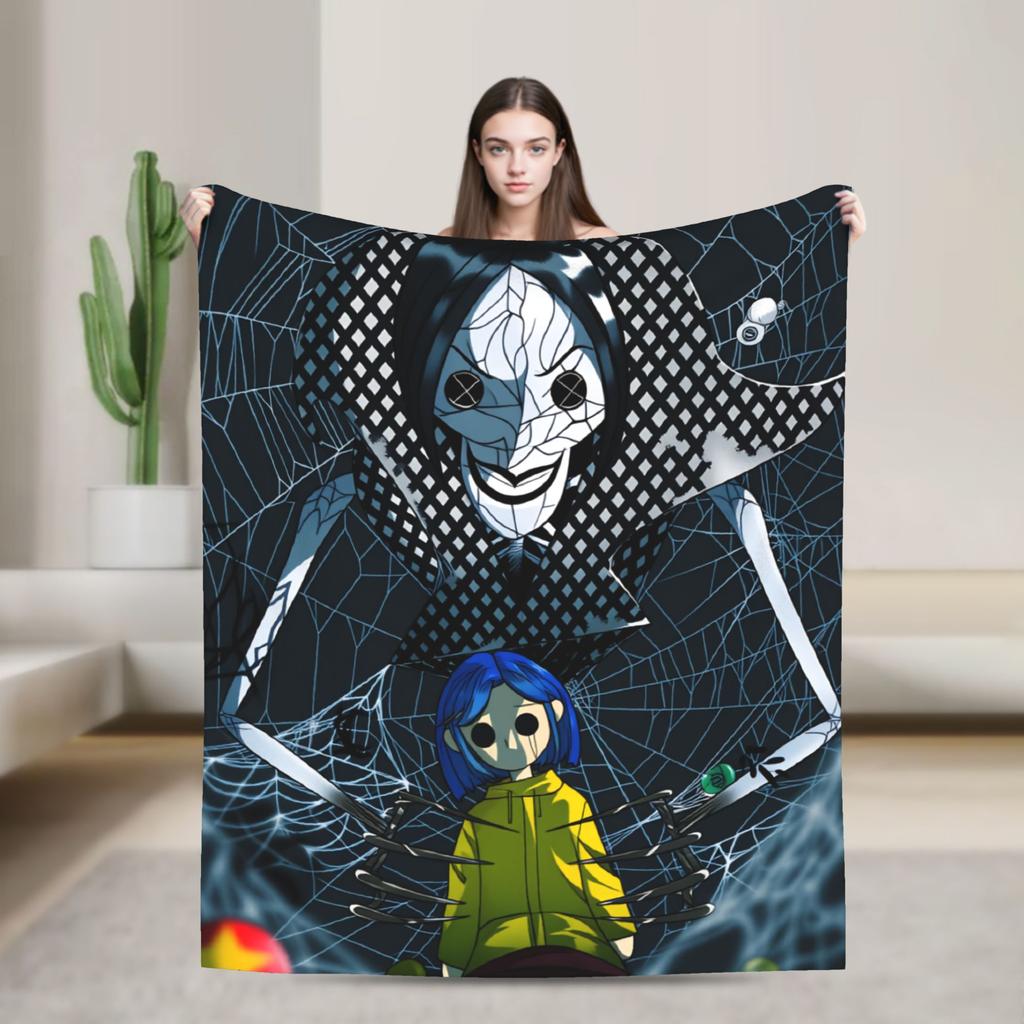 Coralines Animated Movie Blanket  Travel Flannel Throw Blanket For Living Room Warm Soft Custom DIY Quality Bedspread Gift Idea