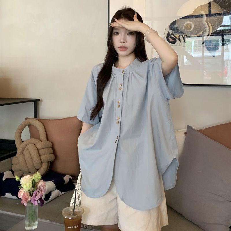 

Round Neck Women s Short Sleeved Shirt Unique Design, Gentle and Loose Shirts Summer Casual Single Breasted Top L синий