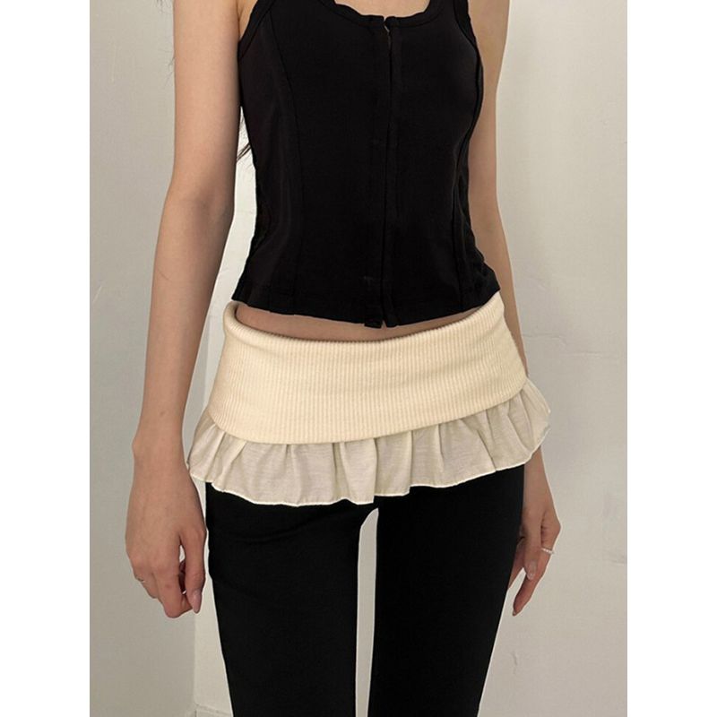 European and American Women's Clothing Street Chaoer Contrast-Color Ruffled Fake Two-Piece Bell-Bottom Pants Silm Slim Looking Casual Knitted Trousers