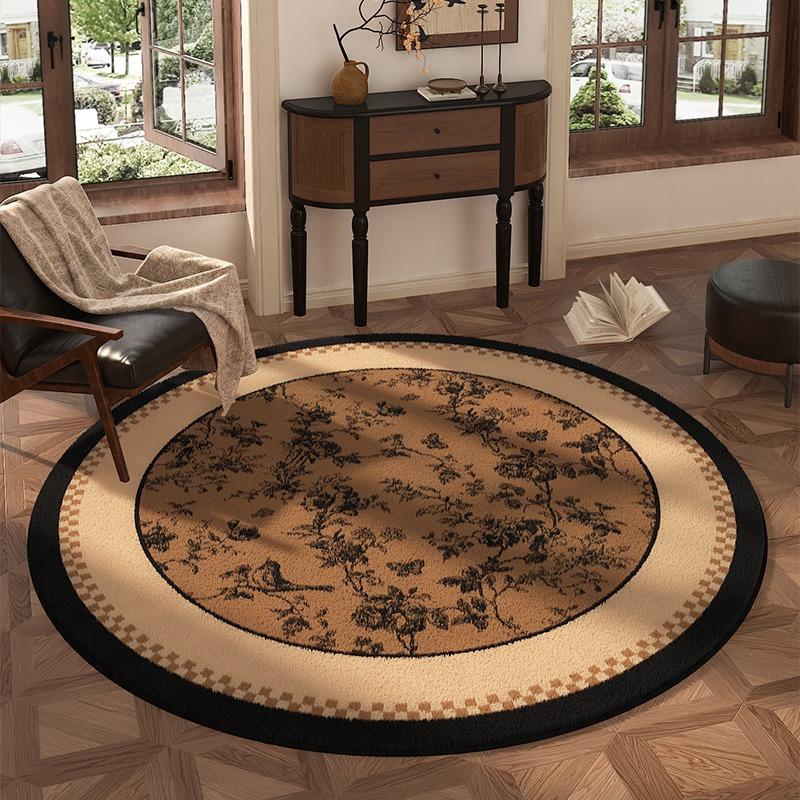 Vintage Flower Bird Pattern Round Rug Non Slip Floor Mat Brown Black Retro Design For Living Room Study Room Home Decor Carpet