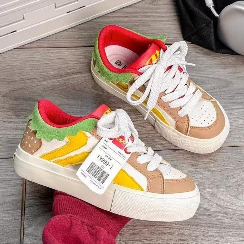 Spring, Summer, Autumn and Winter Women's Shoes, Women's Sneakers, White Shoes, Hamburger Style, Low-top Round-toe Lace-up Sneakers