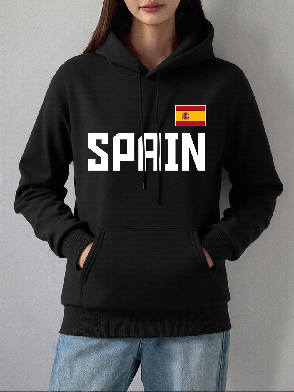 

Spain Letter National Flag Printed Hoodies Women Winter Fleece Warm Sweatshirts Loose Pocket Pullovers Casual Womans Clothes 2XL