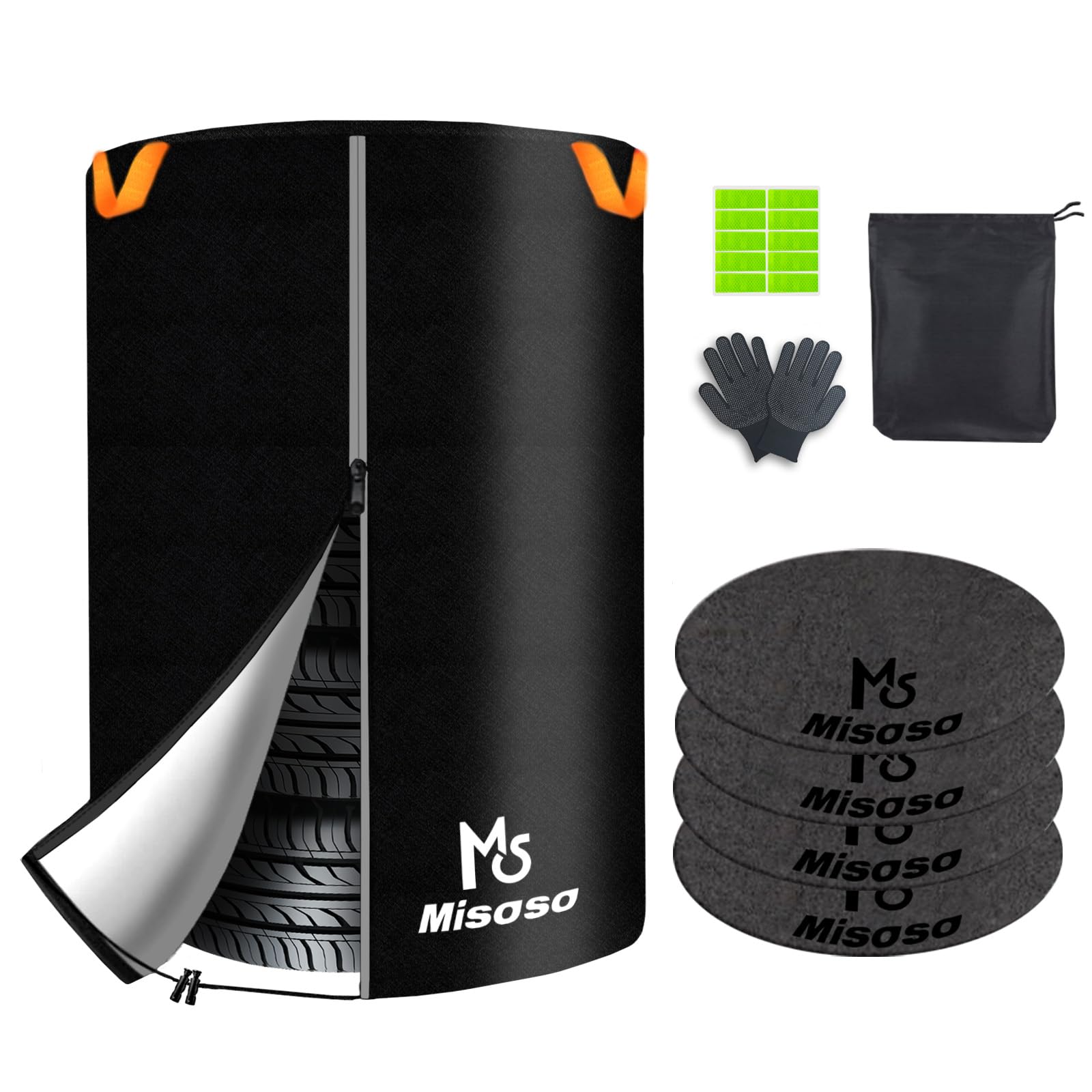 

Чехол Misoso для шин из толстого 420D войлока вмещает 4, включает хранение, светоотражающий и наклейки, L, для улицы, прокладки, шины, светоотражающий, водонепроницаемый, устойчивый к УФ-излучению, чёрный
