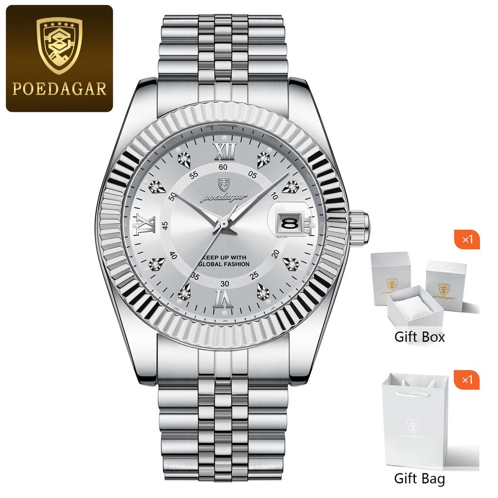 POEDAGAR Luxury Fashion Men Wristwatch Date Waterproof Luminous Man Watch Stainless Steel Business Quartz Men's Watches Gift+Box