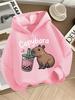 Kids Cute Capybara Graphic Hoodie Printed Pink Boba Tea Sweatshirt Girls Casual Loose Hooded Pullover Tops
