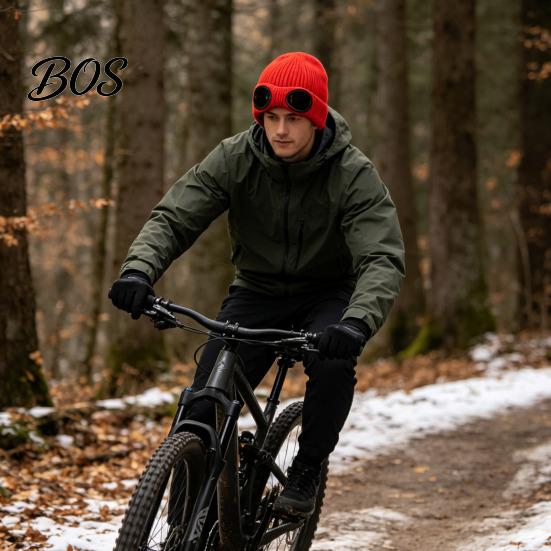 Snow Proof Outdoor Cycling Hat 2Pcs Fleece Lined Hats with Goggles, Warm Winter Knit Stretchy Brimless Eye Protection Hats, Windproof Skiing Caps for