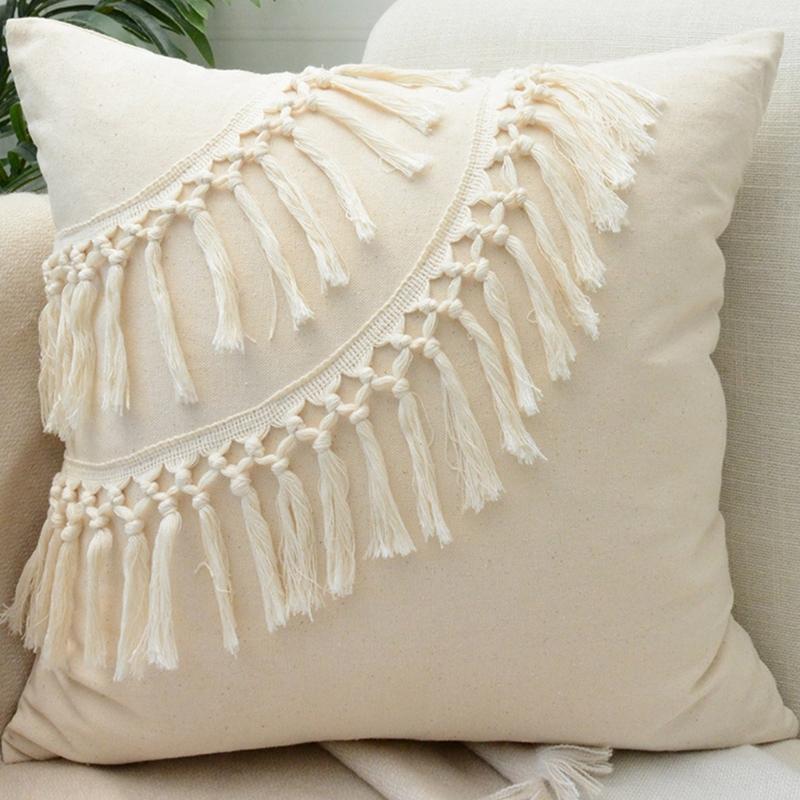 Soft Cotton-ramie Pillow Covers, European Style With Tassels Cushion Cover Shell for Sofa Bedroom Cream Beige Stylish
