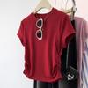 Women's Stylish Red Slimming Cropped T-Shirt: Pure Cotton, Cinched Waist, Regular Shoulder, Short-Sleeve, High-End Summer Base Layer.