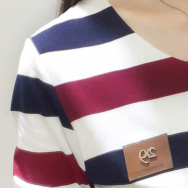 Women T-shirt Striped Long Sleeve Cotton Slim Round Collar Shirt Casual Women Tops