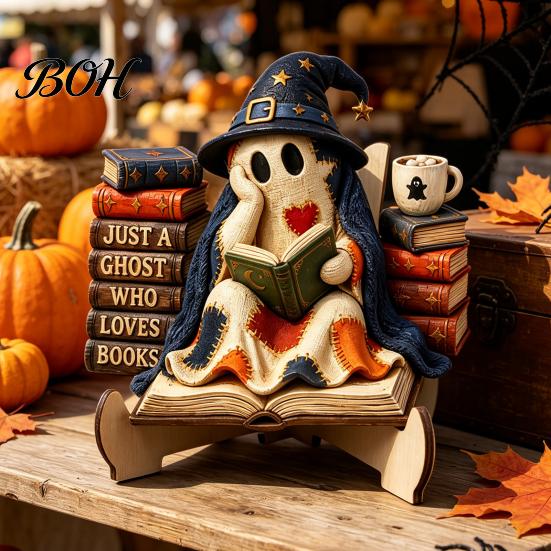 Decorative Wood Crafts for Holiday Halloween Cute Ghost Ornament, Cartoon Festive Wooden Statue, Atmosphere Ornaments Creative Ornament Home