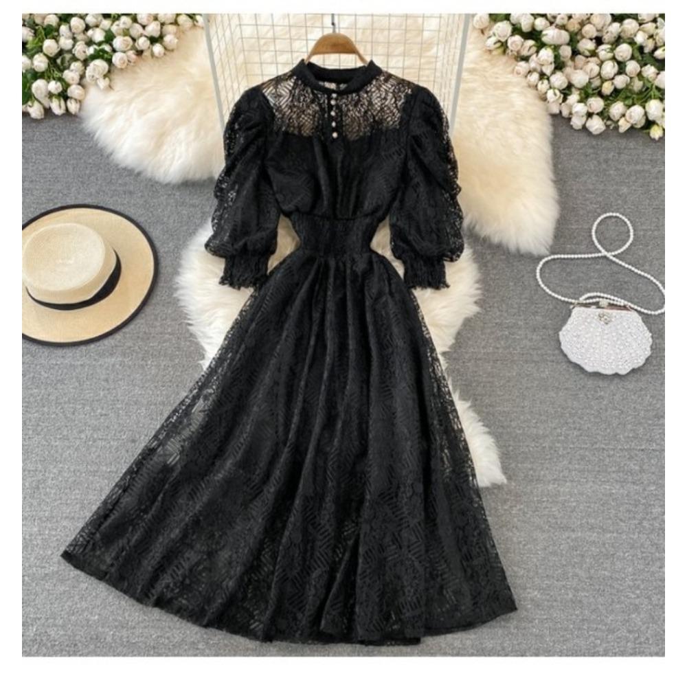 Court Style Stand-up Collar High Waist and Thin Bubble Sleeves Lace Dress Bohemian Seaside Vacation Big Swing Dress Women