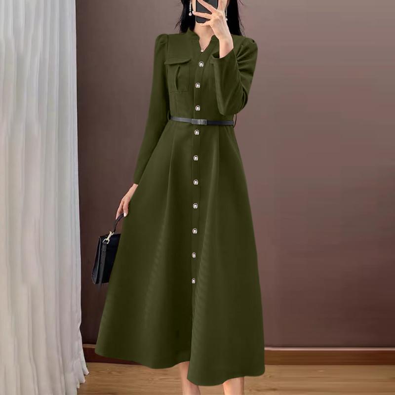 ZANZEA Women Casual V-Neck Solid Color Long Sleeve Elegant Dress