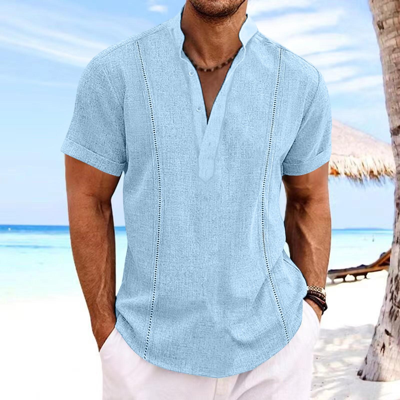 

Men s Summer Short Sleeve Color Striped Cotton Linen Shirt Tops M