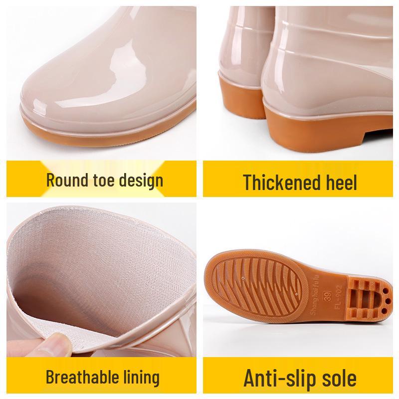 Women's Slip-On Waterproof Short Rain Boots, Non-Slip Mom Shoes for Kitchen, Home & Garden with Tendon Sole