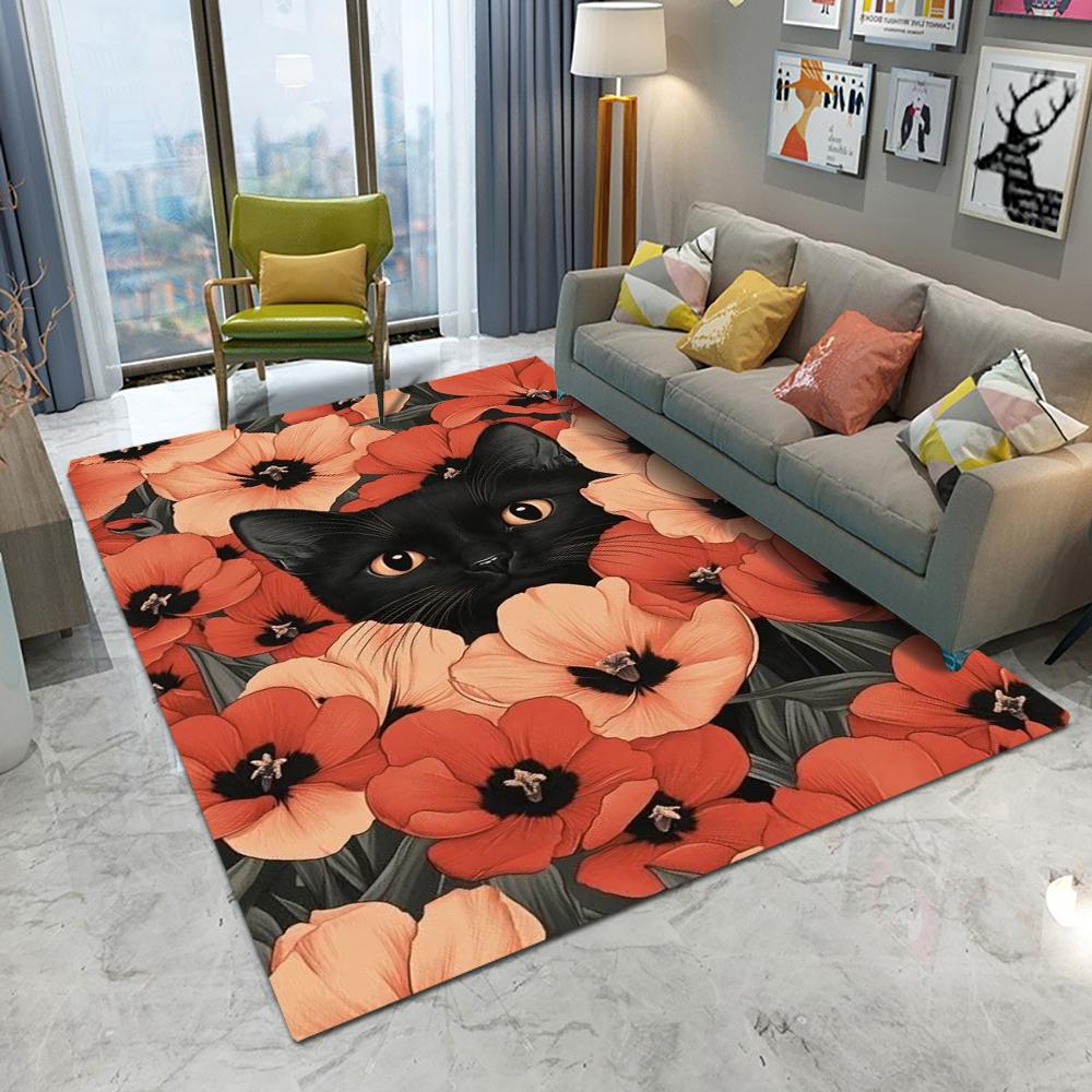 Cute Cat Flowers Carpet Cartoon Living Room Bedroom Kitchen Sofa Entrance Rug Non-slip Washable Home Beautiful Girl Decor Mat