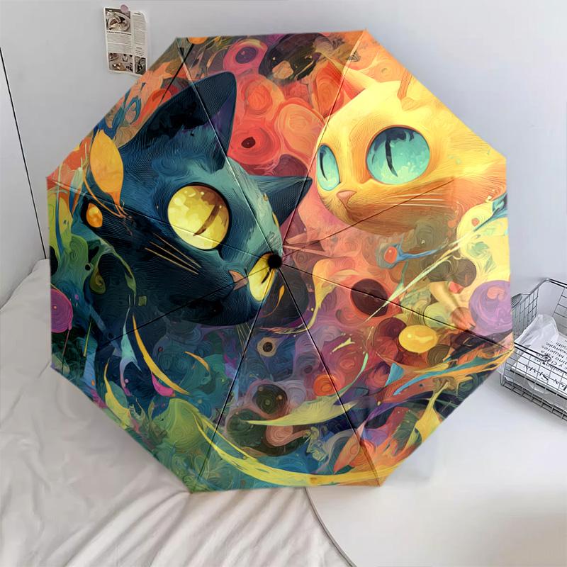 0106 Colorful Cat pattern, automatic folding umbrella, portable and foldable design, 8 ribs, a Christmas or birthday gift.