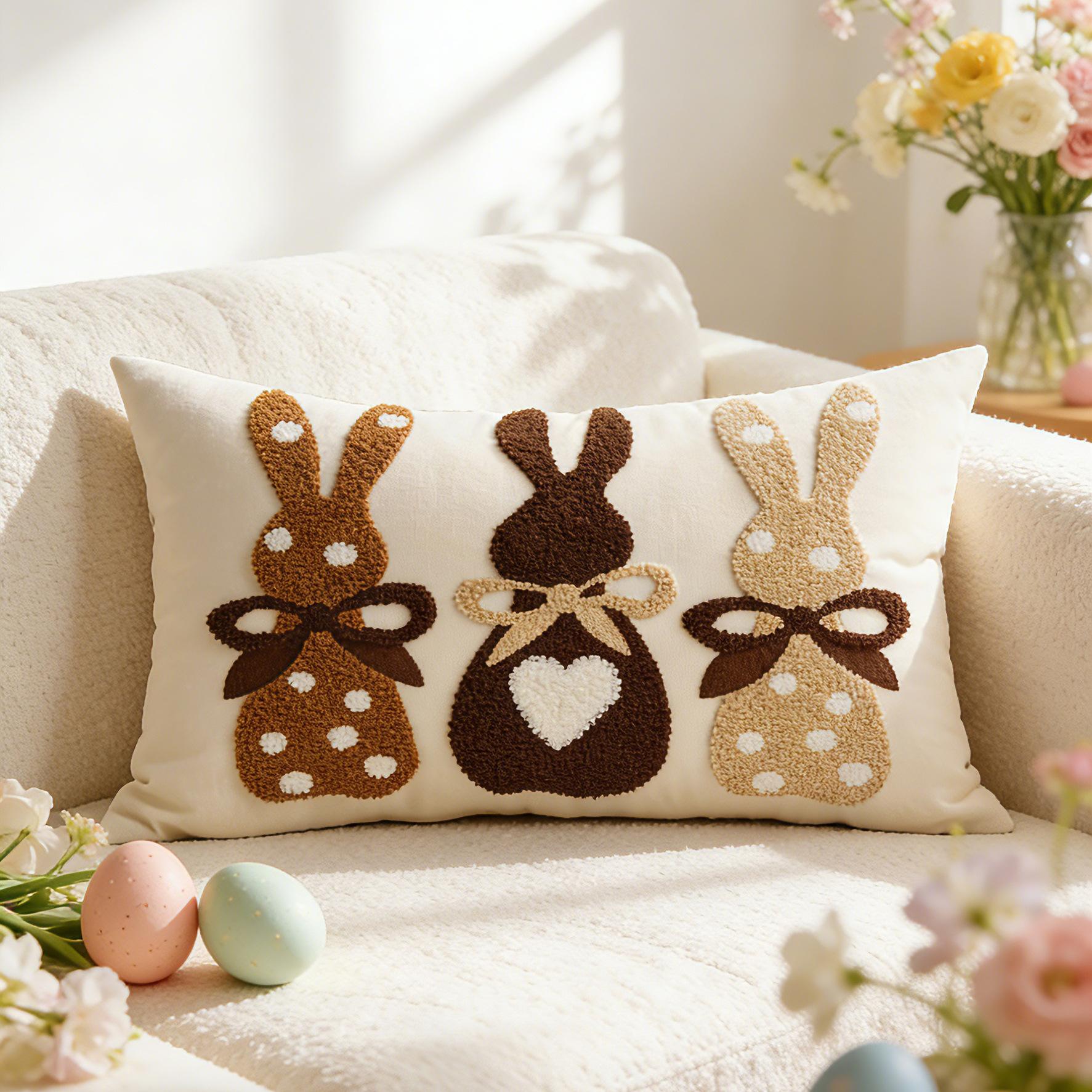 

30x50cm Rabbit Embroidered Throw Pillow Cover Linen Plush Cute Stamping Waist Cushion Cover Decor Home Easter Bunny Pillowcase 30x50cm 1pc cover