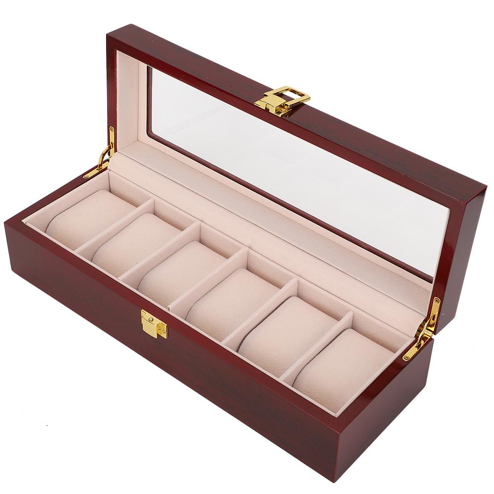 Wooden 6 Grid Watch Display Box Transparent Window Watch Storage Box (Red)